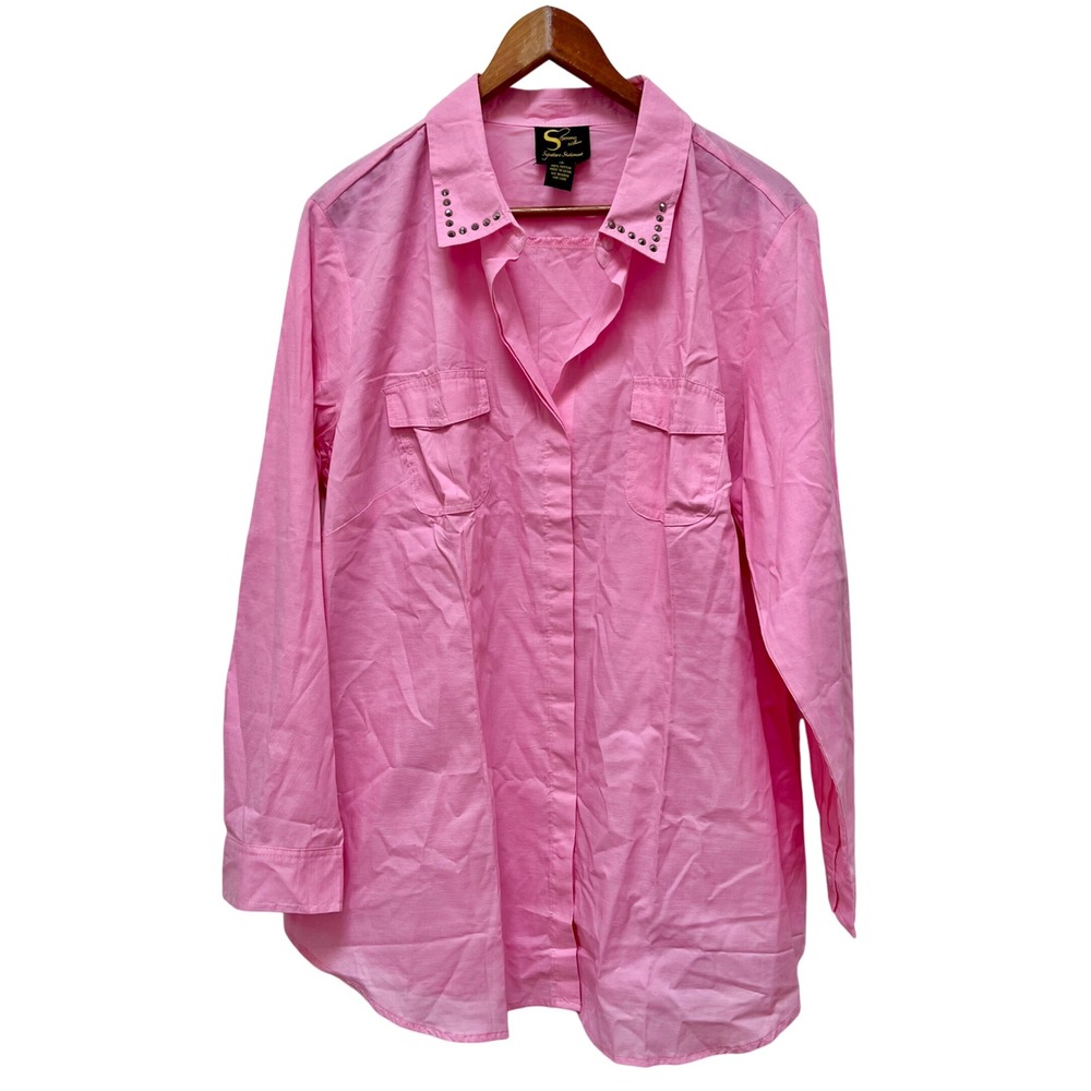 Serena Williams Pink Cotton Button Up Studded Long Sleeve Blouse Feminine Casual